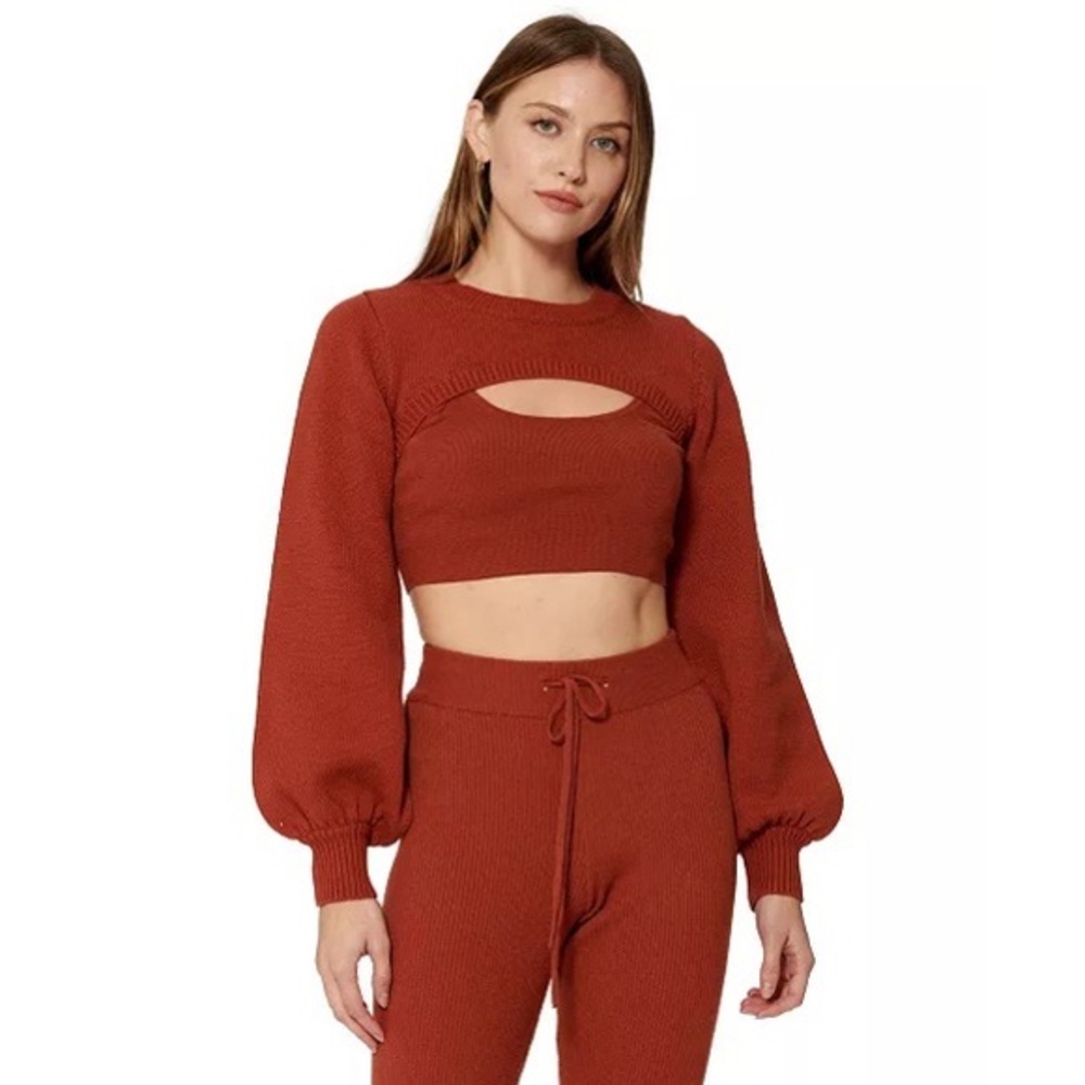 Bar III x Sofia Richie Cropped Cutout‎ Shrug Sweater with Matching Top in Rust